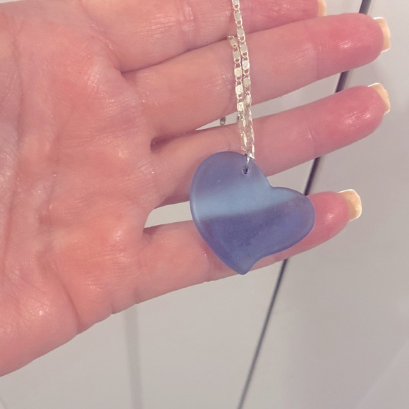 Heart blue Seaglass necklace on silver chain 27 inches long - Picture 3 of 3